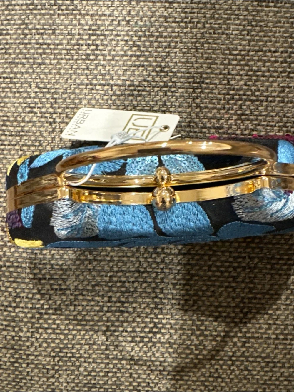 Urban Expressions Beaded Sequin Bag Brass Handle Blue Floral Kiss Lock